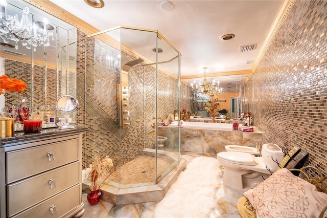 85 NW 165th St, Miami, FL 33169 - bathroom with visible vents, ornamental molding, toilet, a bidet, and an inviting chandelier