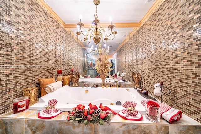 85 NW 165th St, Miami, FL 33169 - unfurnished dining area featuring ornamental molding, tile walls, and a notable chandelier