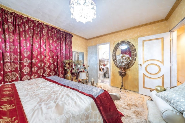85 NW 165th St, Miami, FL 33169 - carpeted bedroom with wallpapered walls, crown molding, and ensuite bathroom