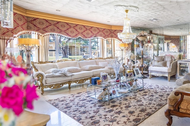 85 NW 165th St, Miami, FL 33169 - living room featuring visible vents, a notable chandelier, crown molding, and wallpapered walls
