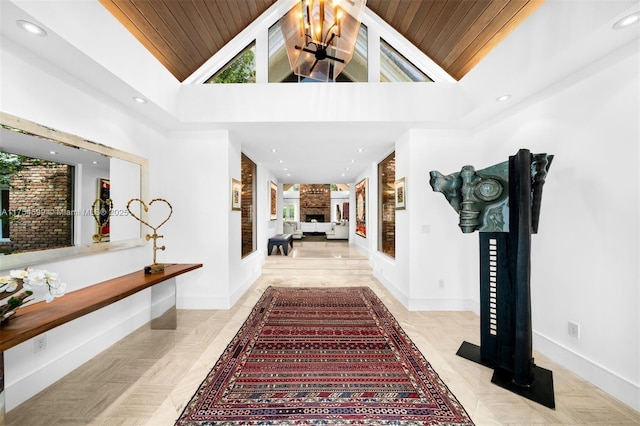 9000 Arvida Dr, Coral Gables, FL 33156 - hallway with baseboards, high vaulted ceiling, wooden ceiling, and recessed lighting