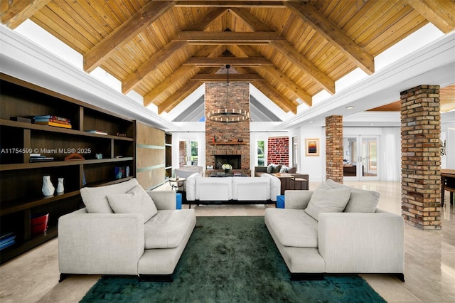 9000 Arvida Dr, Coral Gables, FL 33156 - living area with beamed ceiling, a fireplace, wood ceiling, and a wealth of natural light