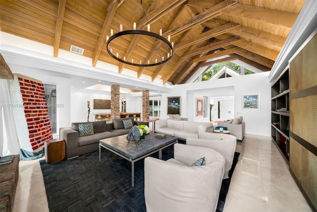 9000 Arvida Dr, Coral Gables, FL 33156 - living room featuring high vaulted ceiling, wood ceiling, a chandelier, visible vents, and beamed ceiling