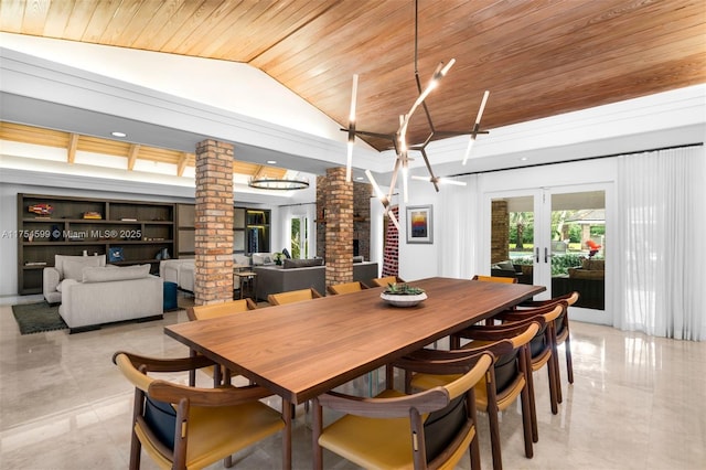 9000 Arvida Dr, Coral Gables, FL 33156 - dining room featuring wood ceiling, lofted ceiling, french doors, and decorative columns