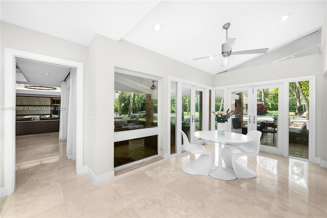 9000 Arvida Dr, Coral Gables, FL 33156 - unfurnished dining area with baseboards, marble finish floor, recessed lighting, a ceiling fan, and french doors