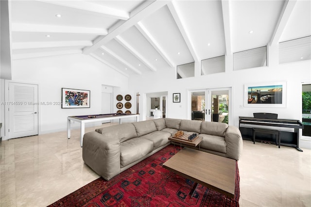 9000 Arvida Dr, Coral Gables, FL 33156 - living area featuring marble finish floor, beamed ceiling, high vaulted ceiling, and french doors