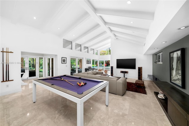 9000 Arvida Dr, Coral Gables, FL 33156 - recreation room with high vaulted ceiling, beamed ceiling, marble finish floor, billiards, and french doors
