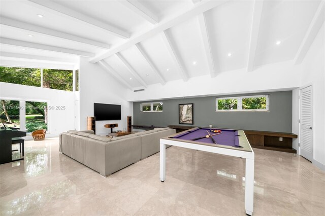 9000 Arvida Dr, Coral Gables, FL 33156 - living area featuring beam ceiling, marble finish floor, high vaulted ceiling, and billiards