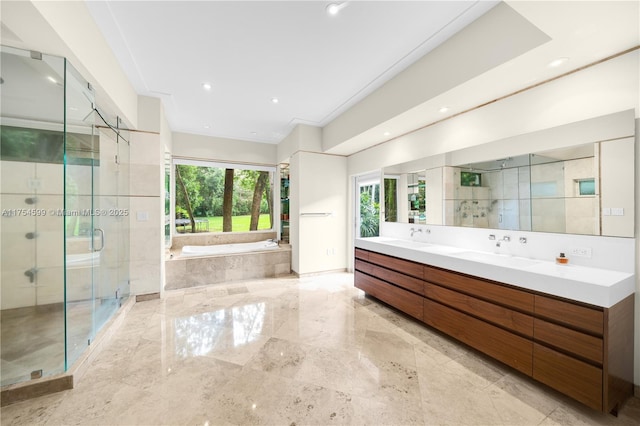 9000 Arvida Dr, Coral Gables, FL 33156 - full bathroom featuring double vanity, a sink, a stall shower, and a bath
