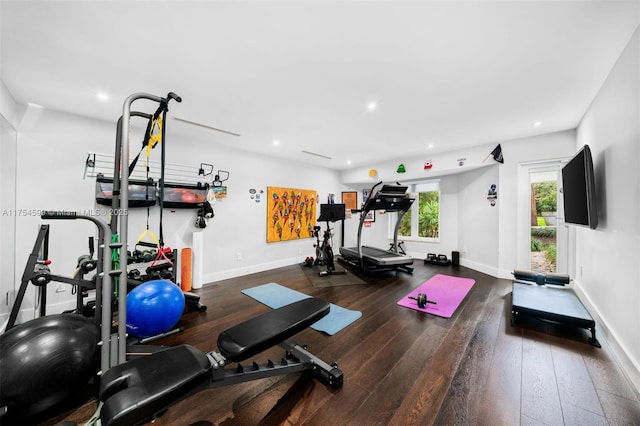 9000 Arvida Dr, Coral Gables, FL 33156 - workout area with hardwood / wood-style floors, baseboards, and recessed lighting