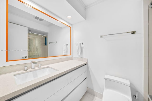 9000 Arvida Dr, Coral Gables, FL 33156 - full bath with toilet, vanity, a shower stall, tile patterned flooring, and visible vents