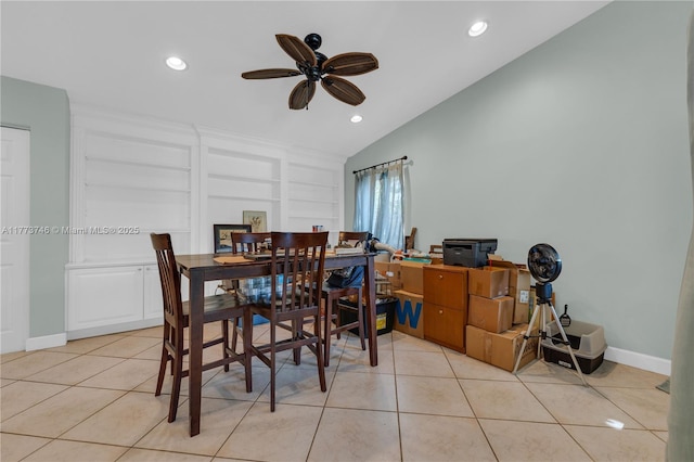 13878 SW 151st Ln, Miami, FL 33186 - dining space with ceiling fan, light tile patterned flooring, vaulted ceiling, built in shelves, and recessed lighting