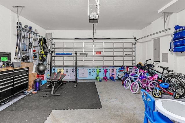 garage with a garage door opener and electric panel
