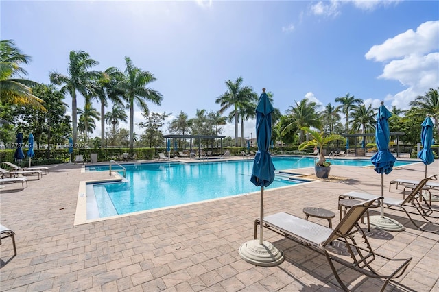 pool with fence and a patio