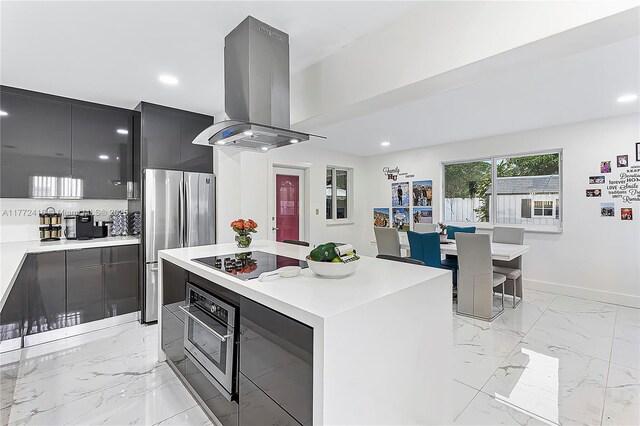 910 N 70th Ave, Hollywood, FL 33024 - kitchen featuring appliances with stainless steel finishes, island exhaust hood, modern cabinets, light marble finish floors, and recessed lighting