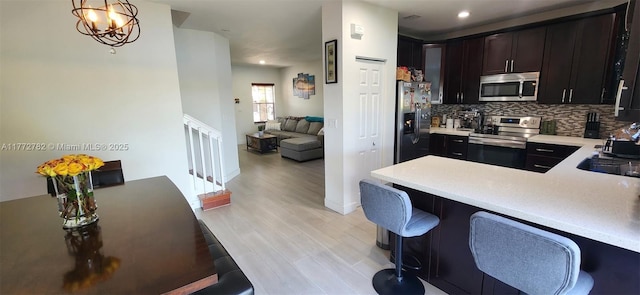 kitchen featuring light countertops, backsplash, light wood-style floors, a peninsula, and appliances with stainless steel finishes
