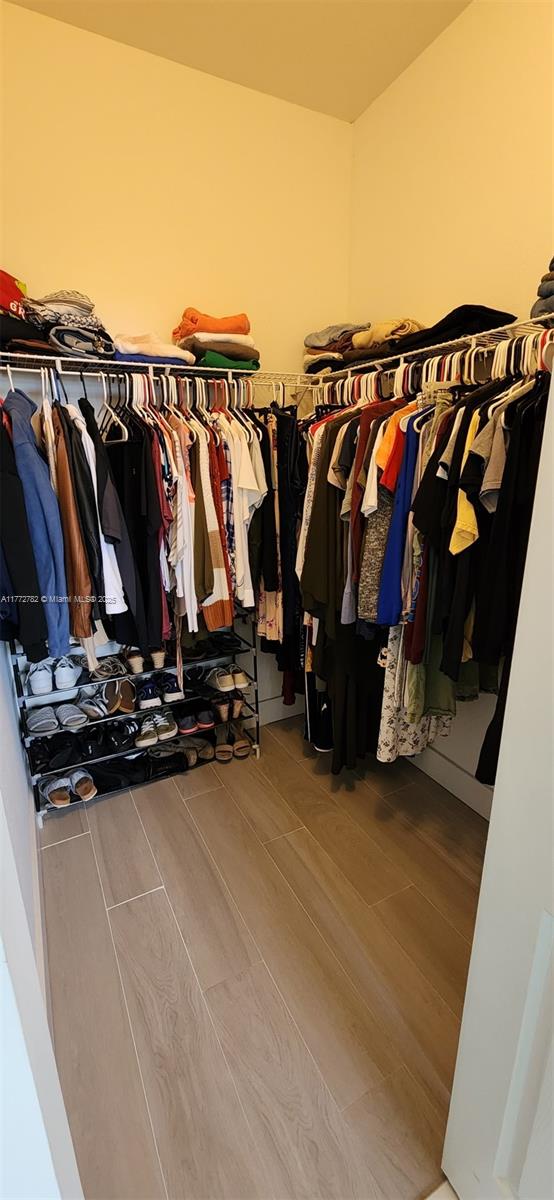 walk in closet featuring wood finish floors