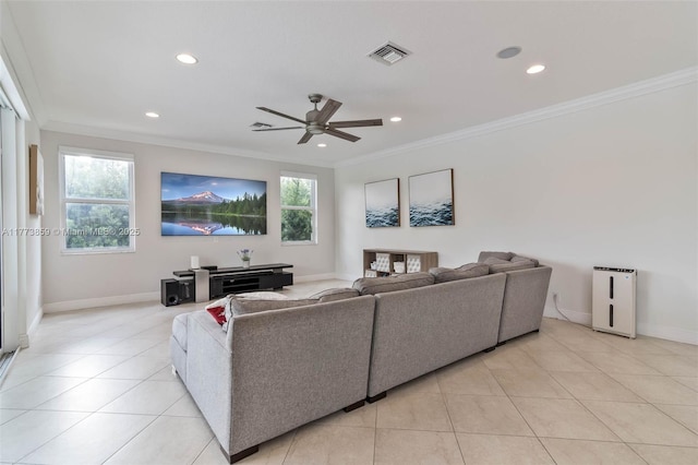 2426 Deer Creek Rd, Weston, FL 33327 - living room with visible vents, ornamental molding, plenty of natural light, and recessed lighting