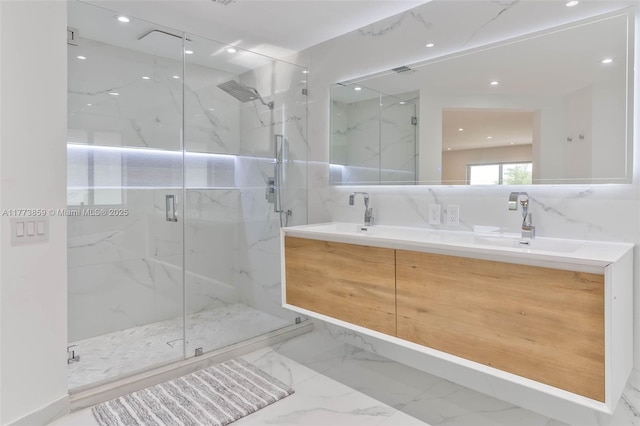 2426 Deer Creek Rd, Weston, FL 33327 - bathroom with a sink, a marble finish shower, decorative backsplash, and double vanity