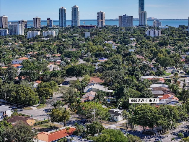 bird's eye view featuring a view of city and a water view
