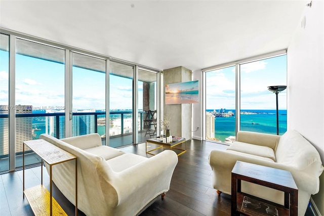 living room with hardwood / wood-style floors and floor to ceiling windows