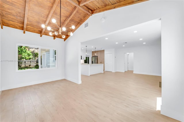 unfurnished living room featuring a notable chandelier, light wood-style flooring, wood ceiling, and beam ceiling
