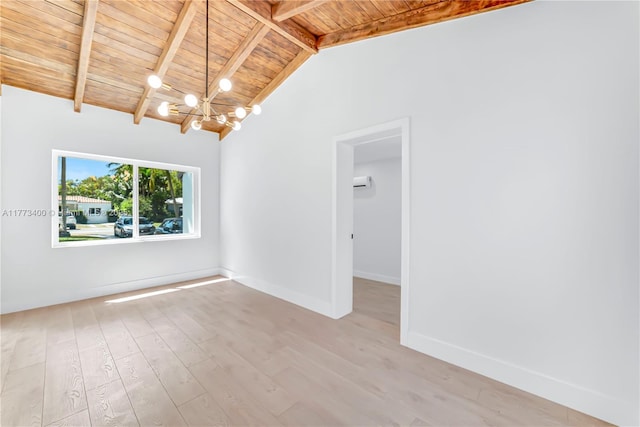unfurnished room featuring wood ceiling, light wood-style floors, a notable chandelier, and beam ceiling