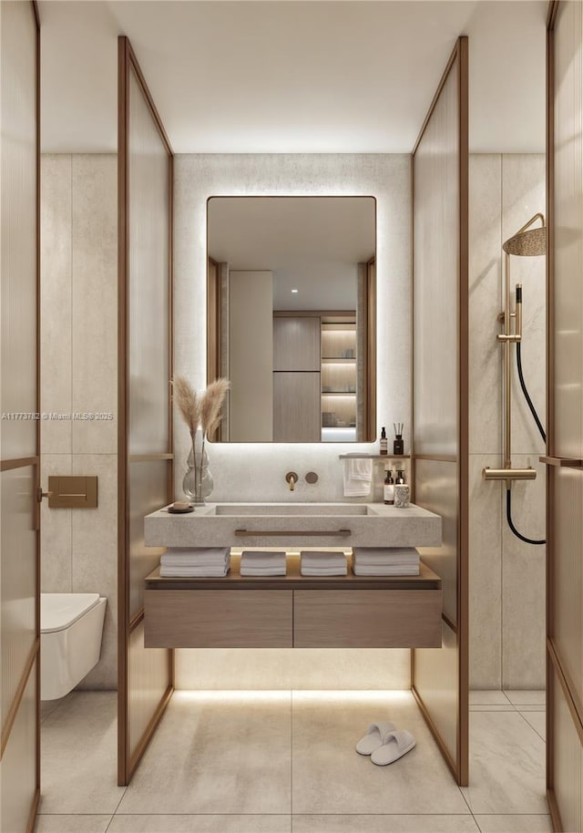 full bath with tile patterned flooring and vanity