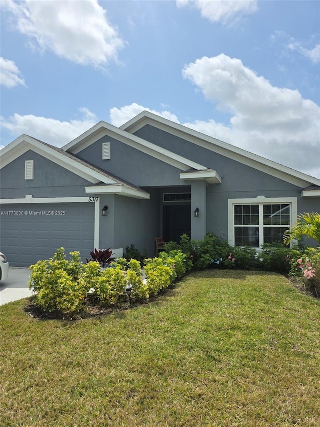 5317 Lugo St, Fort Pierce, FL 34951 - ranch-style home with stucco siding, an attached garage, and a front lawn