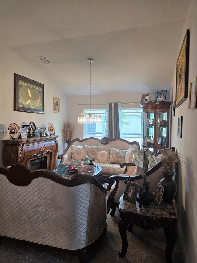 5317 Lugo St, Fort Pierce, FL 34951 - living room with carpet floors, vaulted ceiling, and visible vents