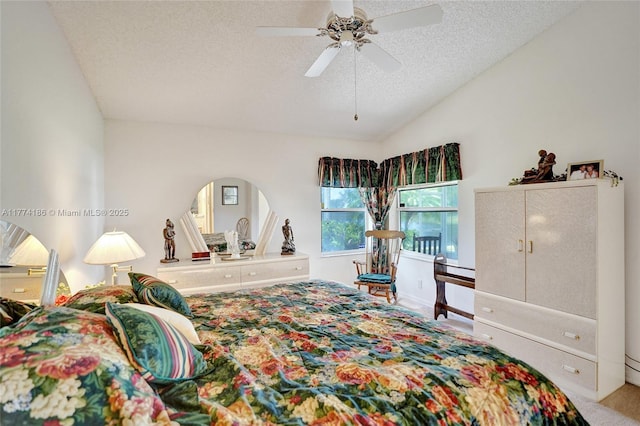 bedroom featuring vaulted ceiling, a textured ceiling, a ceiling fan, arched walkways, and carpet