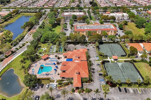 drone / aerial view featuring a water view