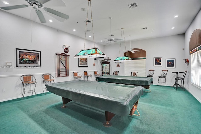 rec room with a ceiling fan, visible vents, recessed lighting, carpet flooring, and billiards