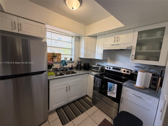 kitchen with under cabinet range hood, white cabinetry, a sink, and stainless steel appliances