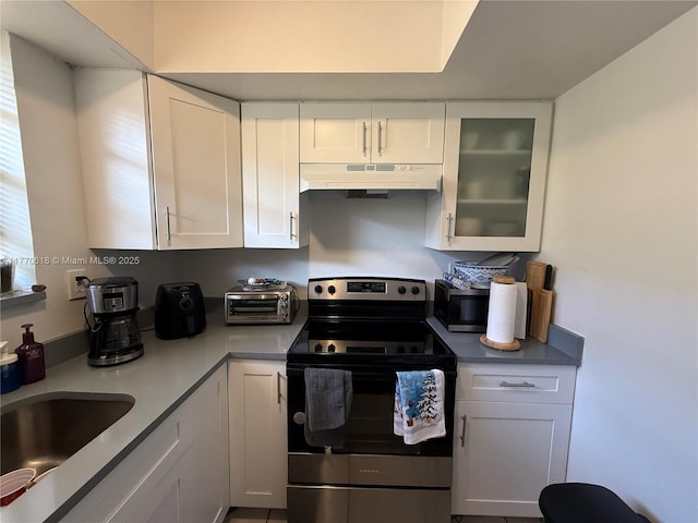 kitchen featuring appliances with stainless steel finishes, under cabinet range hood, white cabinetry, a sink, and glass insert cabinets