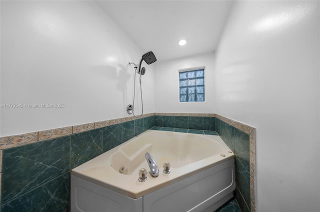 11390 NW 37th St, Coral Springs, FL 33065 - bathroom featuring tile walls, a wainscoted wall, a shower, and a whirlpool tub