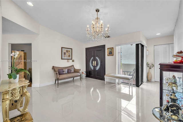 519 SW 88th Pl E, Miami, FL 33174 - entrance foyer featuring a chandelier, baseboards, light tile patterned floors, vaulted ceiling, and recessed lighting