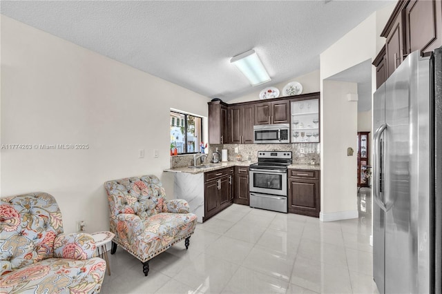 519 SW 88th Pl E, Miami, FL 33174 - kitchen with stainless steel appliances, a sink, tasteful backsplash, dark brown cabinetry, and lofted ceiling