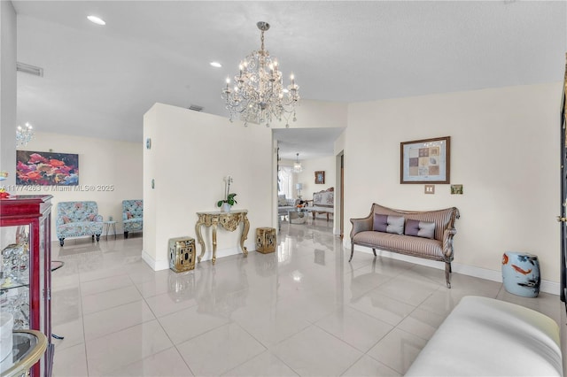 519 SW 88th Pl E, Miami, FL 33174 - hall featuring a chandelier, baseboards, tile patterned floors, and recessed lighting