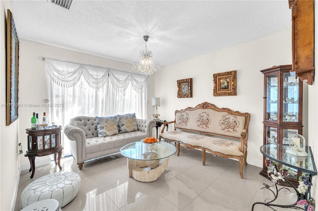 519 SW 88th Pl E, Miami, FL 33174 - tiled living area featuring a chandelier and a textured ceiling