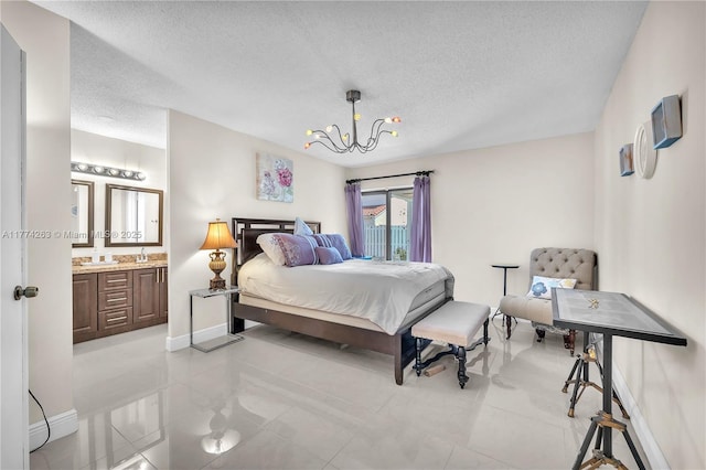 519 SW 88th Pl E, Miami, FL 33174 - bedroom featuring a textured ceiling, a chandelier, ensuite bathroom, and light tile patterned floors