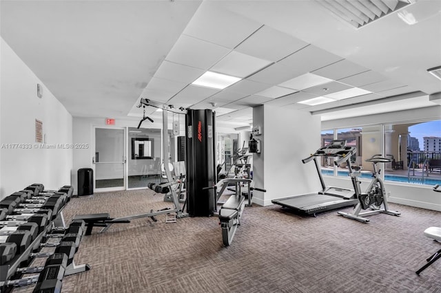 exercise room featuring carpet