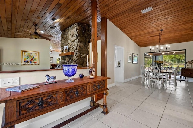 3761 Dellwood Blvd, Loxahatchee, FL 33470 - dining room with wooden ceiling, tile patterned floors, a chandelier, ceiling fan, and high vaulted ceiling