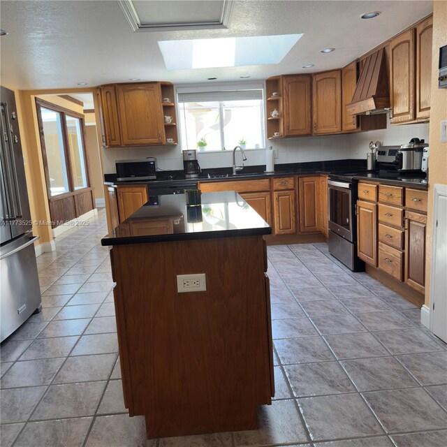 1950 S Tanner Rd, Orlando, FL 32820 - kitchen featuring open shelves, custom range hood, appliances with stainless steel finishes, a kitchen island, and recessed lighting