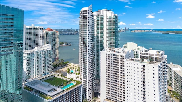 1300 Brickell Bay Dr Unit 601, Miami, FL 33131 - drone / aerial view featuring a water view and a city view