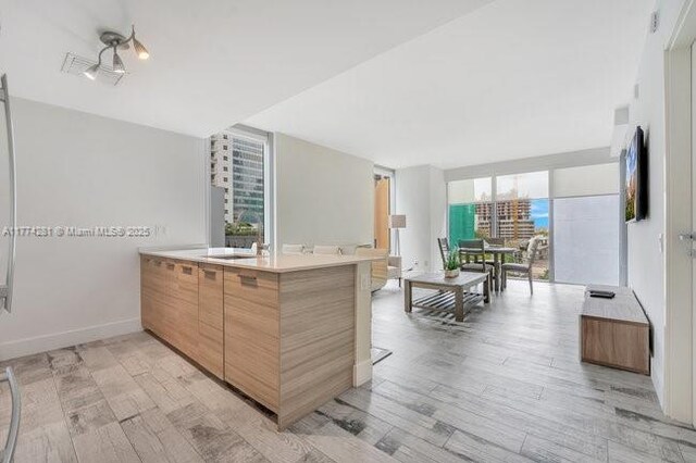 1300 Brickell Bay Dr Unit 601, Miami, FL 33131 - kitchen featuring modern cabinets, light wood-type flooring, light countertops, baseboards, and a peninsula