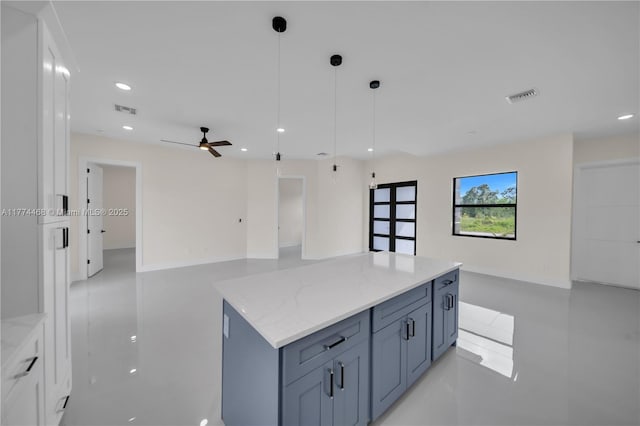 3114 39th St SW, Lehigh Acres, FL 33976 - kitchen featuring light stone counters, a ceiling fan, open floor plan, visible vents, and recessed lighting