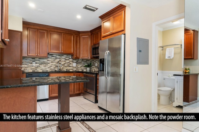 kitchen featuring visible vents, electric panel, stainless steel appliances, a sink, and light tile patterned floors