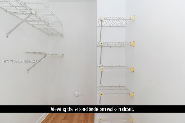 walk in closet with wood finished floors