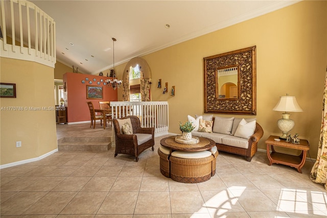 16473 SW 30th St, Miramar, FL 33027 - living area with crown molding, light tile patterned floors, a chandelier, and lofted ceiling